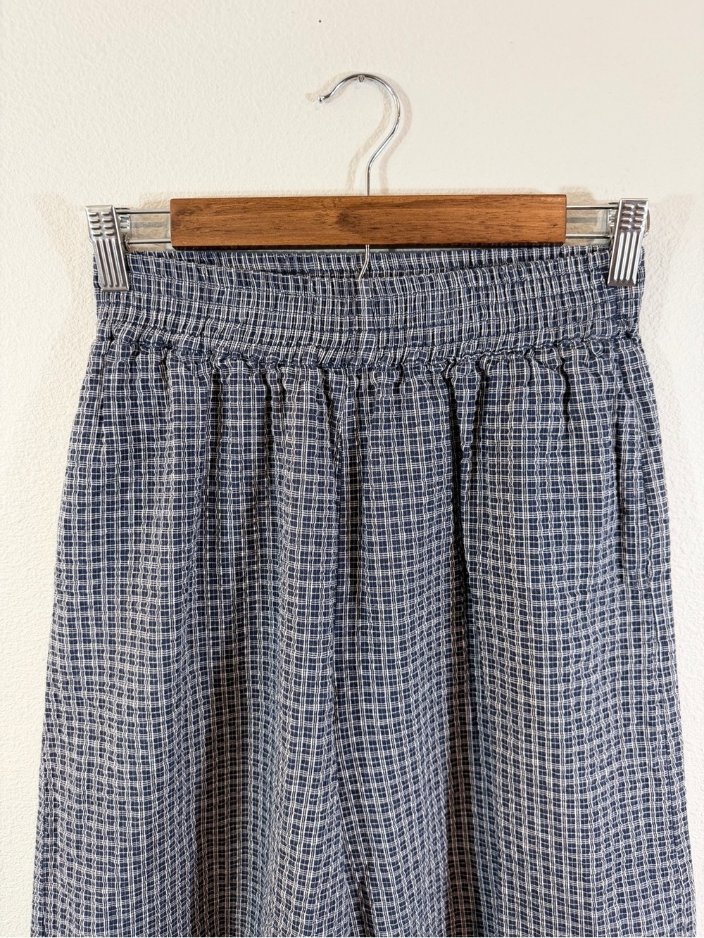 Mo:Vint Wide Leg Cropped Pants Size S Blue White Micro Gingham Pull On Waist - Picture 5 of 10